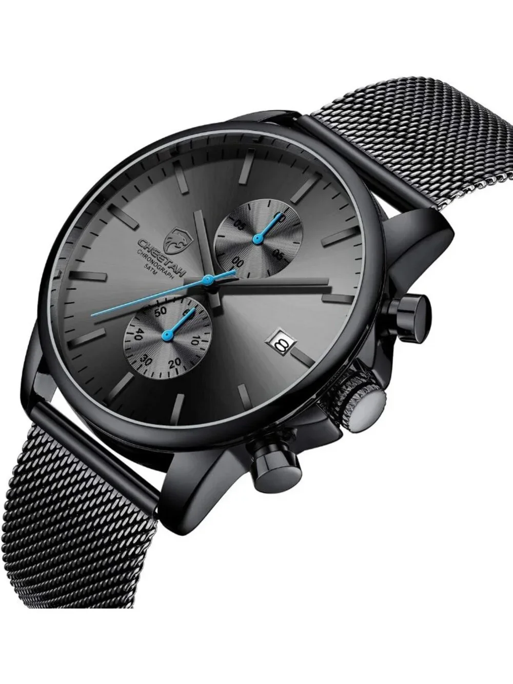 Men's Blue Mesh Stainless Steel Minimalist Quartz Analog Chronograph Wristwatch